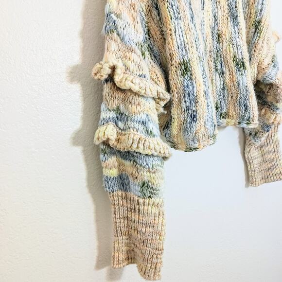 Free People Chunky Sweater M Burst your Bubble Cropped Ruffle Sleeve Turtleneck - Picture 5 of 14